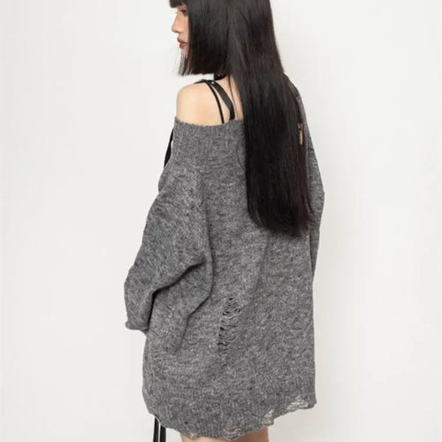 Load image into Gallery viewer, Harajuku Gothic Sexy Off Shoulder Knitted Jumpers Grunge Jacquard Sweater Fashion Knitwear Y2k Aesthetic Slash Neck Pullover
