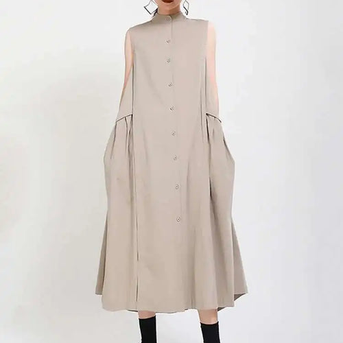 Load image into Gallery viewer, Women Khaki Split Pleated Long  Dress New Stand Collar Sleeveless Loose Fit Fashion Tide Spring Summer 2025 1Y353
