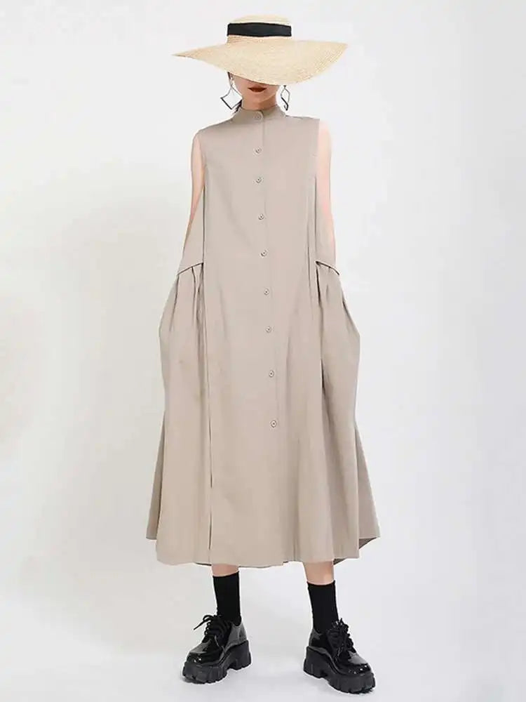 Women Khaki Split Pleated Long  Dress New Stand Collar Sleeveless Loose Fit Fashion Tide Spring Summer 2025 1Y353