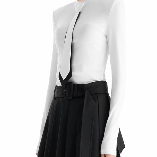 Load image into Gallery viewer, Colorblock Slimming Spliced Necktie Fashion T Shirts for Women Round Neck Long Sleeves Temperament T Shirt Female
