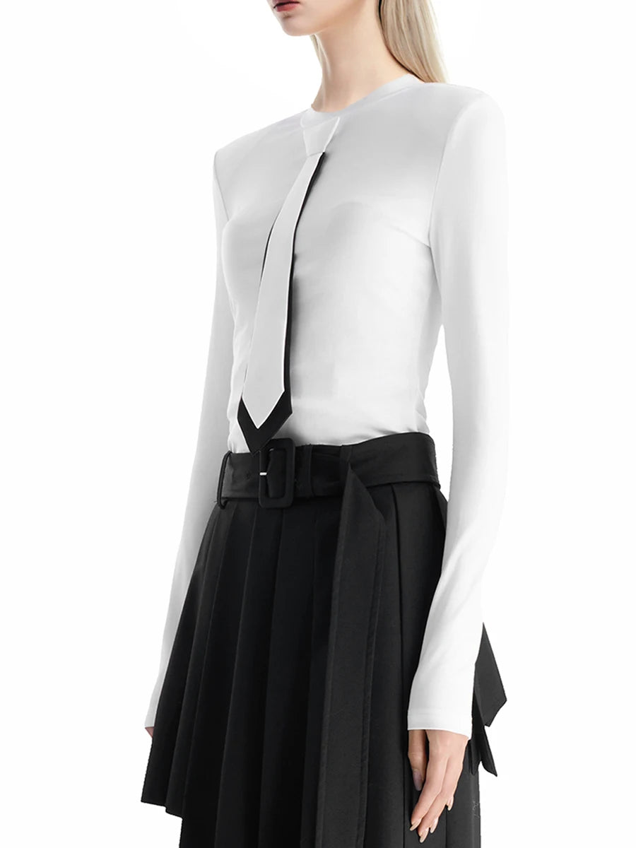 Colorblock Slimming Spliced Necktie Fashion T Shirts for Women Round Neck Long Sleeves Temperament T Shirt Female