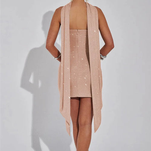 Load image into Gallery viewer, Sequins Backless Sexy Mini Dress For Women Robe Elegant Sparkle Scarf Collar Strapless Sleeveless Bodycon Club Dress
