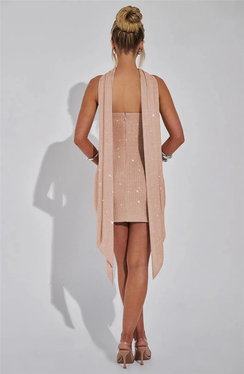 Sequins Backless Sexy Mini Dress For Women Robe Elegant Sparkle Scarf Collar Strapless Sleeveless Bodycon Club Dress