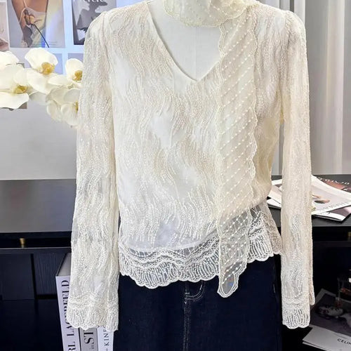 Load image into Gallery viewer, French Vintage Women Beige Lace Embroidery V Neck Long Sleeve Shirt Spring Elegant Holiday Short Tops Popular Versatile Clothes
