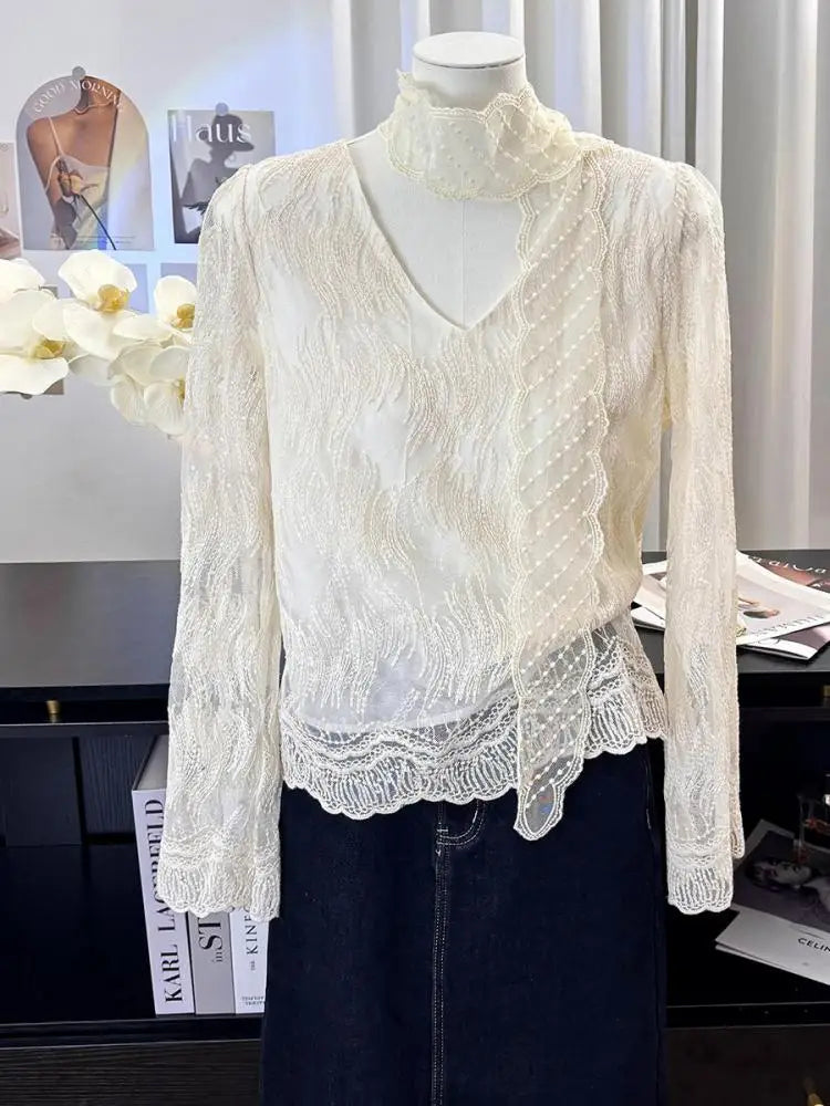 French Vintage Women Beige Lace Embroidery V Neck Long Sleeve Shirt Spring Elegant Holiday Short Tops Popular Versatile Clothes