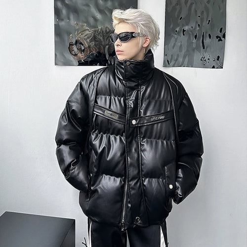 Load image into Gallery viewer, Winter Male Parka Niche Deconstruction PU Leather Thick Men&#39;s Cotton Coat Metal Strap Design High Street New Trendy 9C9253
