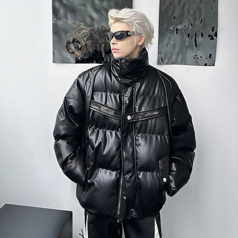 Winter Male Parka Niche Deconstruction PU Leather Thick Men's Cotton Coat Metal Strap Design High Street New Trendy 9C9253