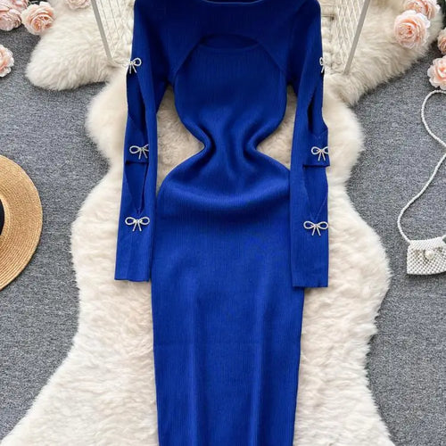 Load image into Gallery viewer, Women Retro Chic Elegant Bow Hollow Long Sleeve Bodycon Dress Sexy Fashion Knit Slim Hip Wrap Sweater Dress Vestidos Autumn New
