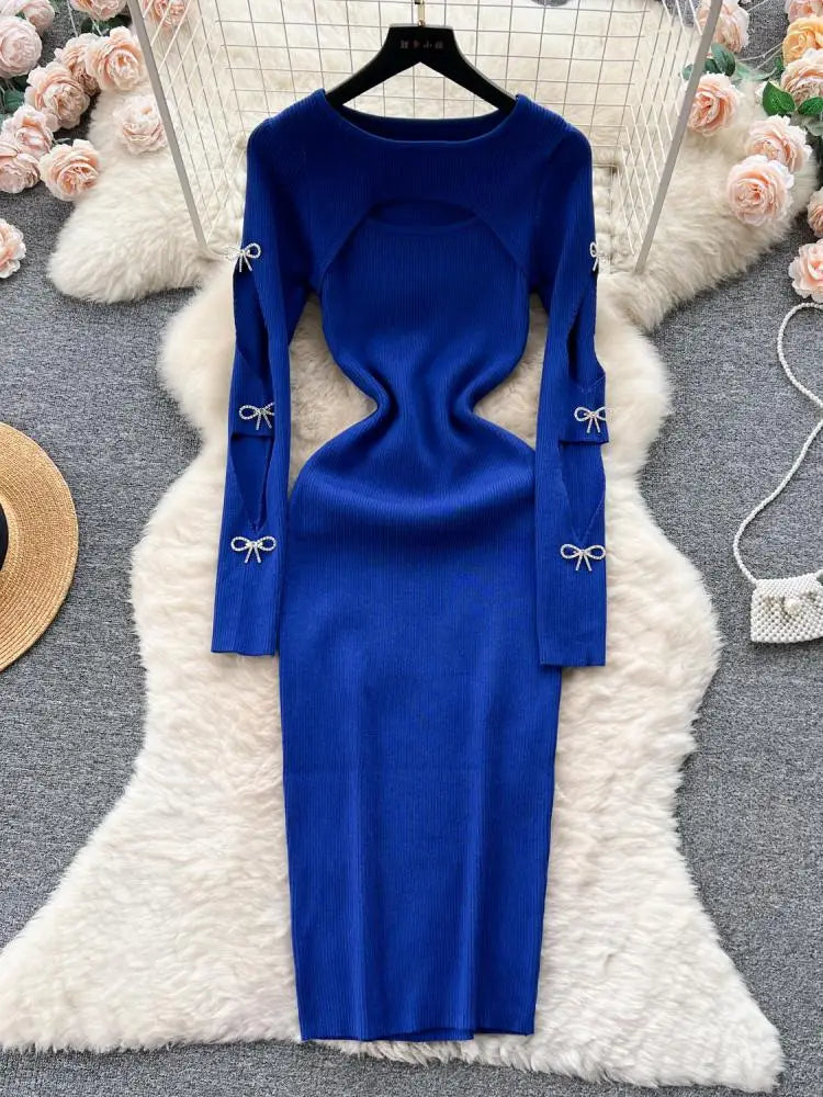 Women Retro Chic Elegant Bow Hollow Long Sleeve Bodycon Dress Sexy Fashion Knit Slim Hip Wrap Sweater Dress Vestidos Autumn New