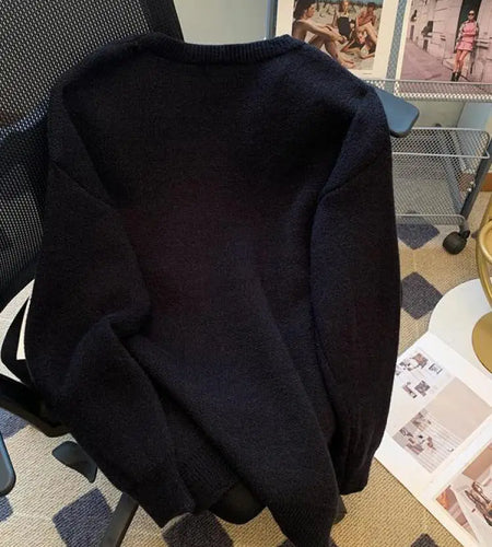 Korean Women's Black White Patchwork Long Sleeve Round Neck Sweater Autumn Winter Loose Elegant Knitted Pullover Top Thick Trend