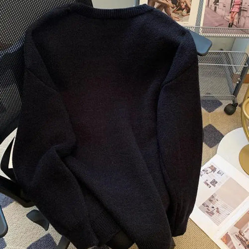 Load image into Gallery viewer, Korean Women's Black White Patchwork Long Sleeve Round Neck Sweater Autumn Winter Loose Elegant Knitted Pullover Top Thick Trend
