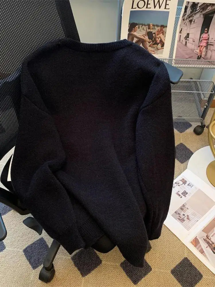 Korean Women's Black White Patchwork Long Sleeve Round Neck Sweater Autumn Winter Loose Elegant Knitted Pullover Top Thick Trend