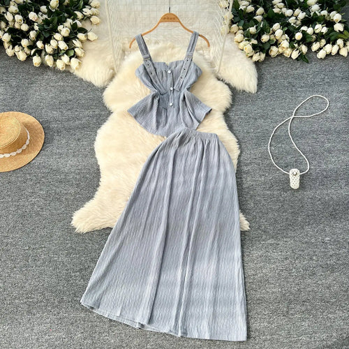Load image into Gallery viewer, Summer Two Pieces Set Women Solid Sexy Club Elegant Button Backless Short Slip Tops And High Waist Pleated Long Skirt Suit Korea
