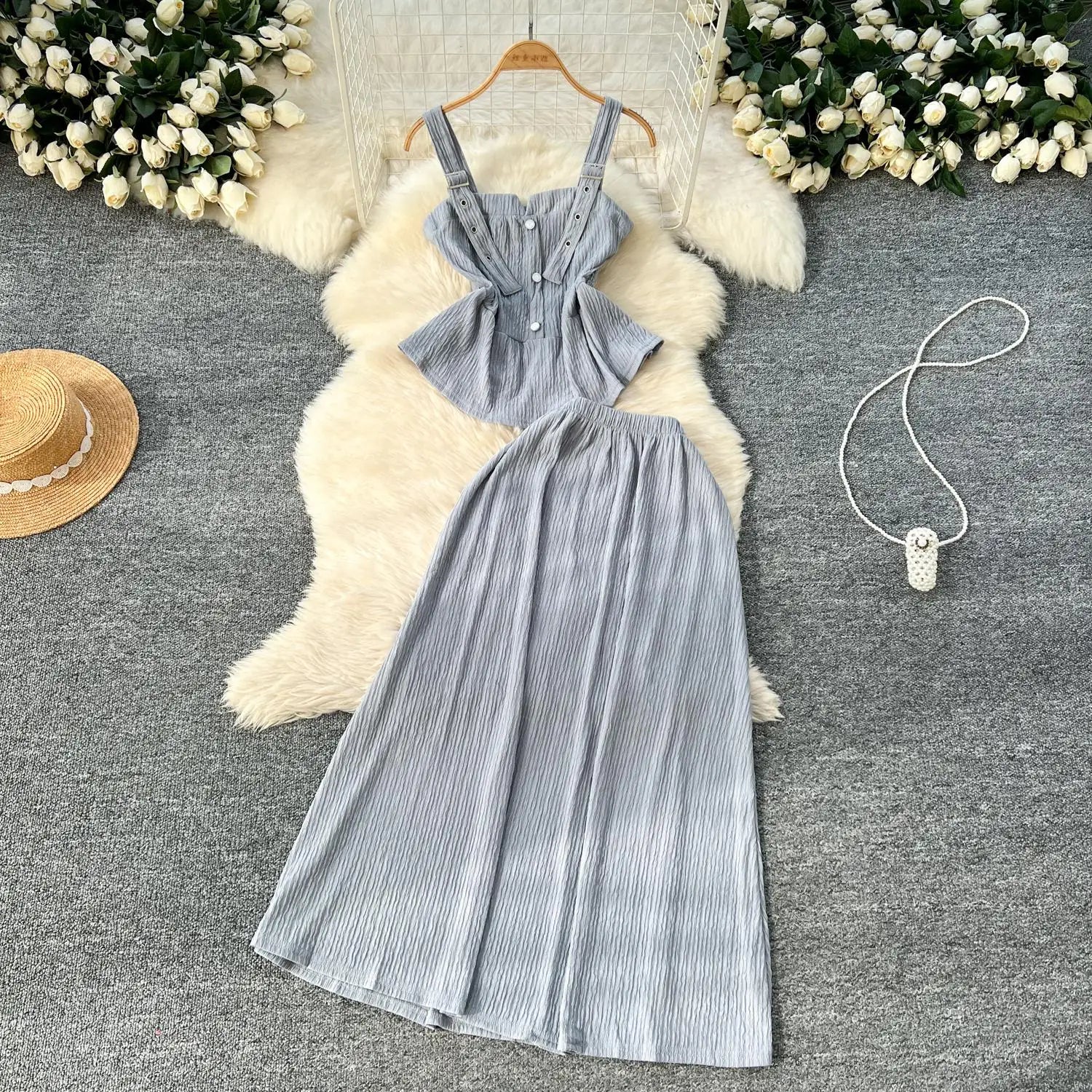 Summer Two Pieces Set Women Solid Sexy Club Elegant Button Backless Short Slip Tops And High Waist Pleated Long Skirt Suit Korea
