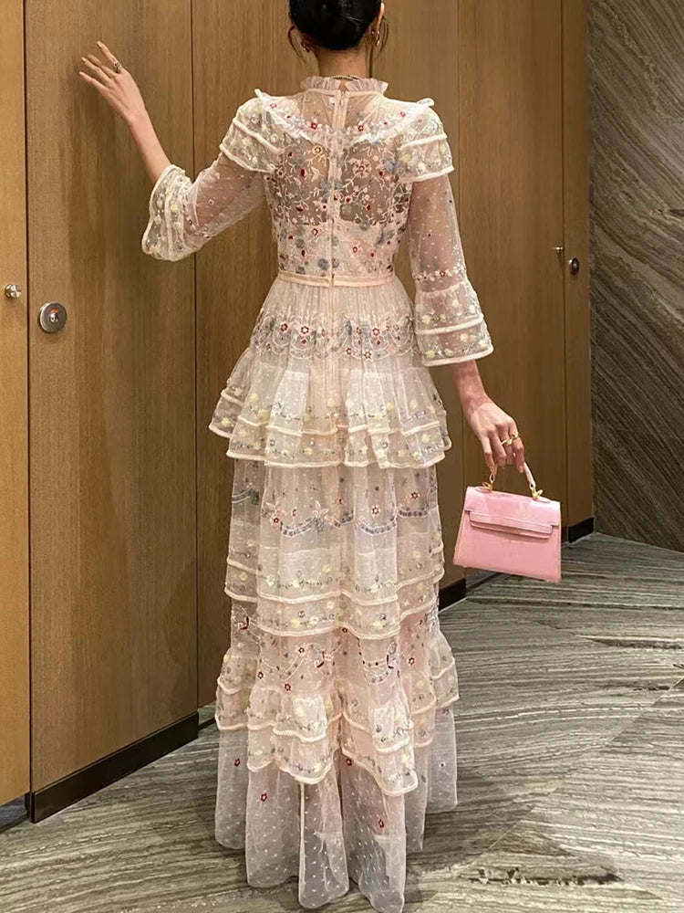 Patchwork Sequins Embroidery Dresses For Women Stand Collar Flare Sleeve High Waist Designer Mesh Dress Female New