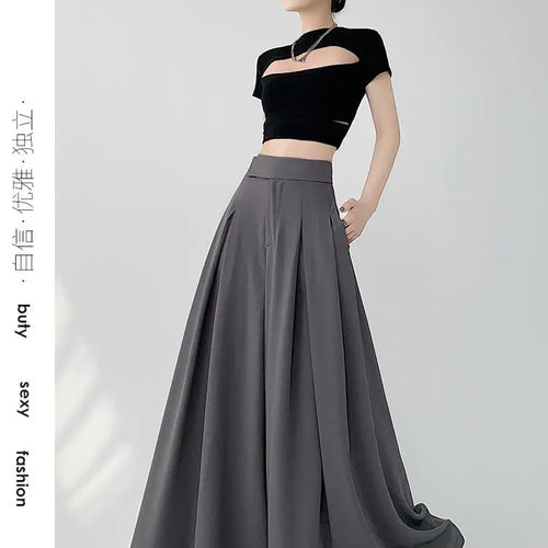 Load image into Gallery viewer, Women Black Elegant Wide Leg Long Pant Summer Brown High Waist Baggy Pleated Trousers Gray Pockets Fashion Simplicity Fashion
