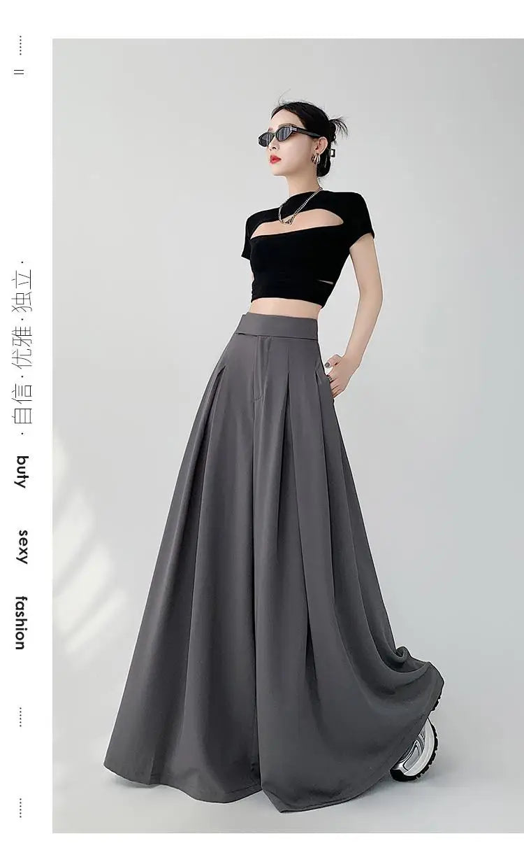 Women Black Elegant Wide Leg Long Pant Summer Brown High Waist Baggy Pleated Trousers Gray Pockets Fashion Simplicity Fashion