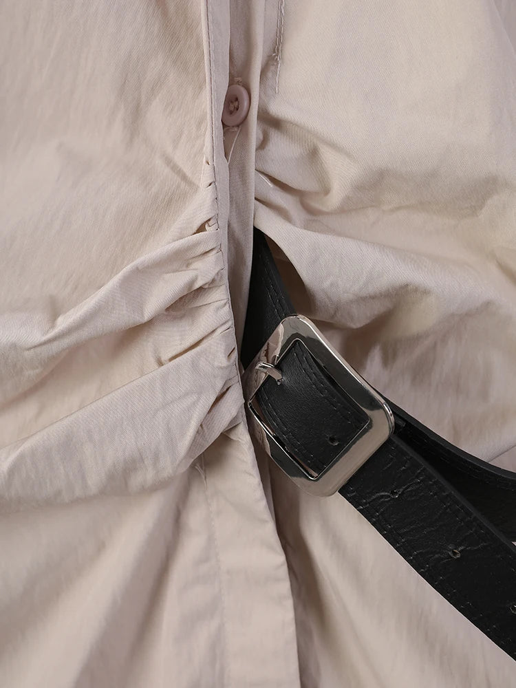 Women Khaki Gray Pleated Belted Big Size Bud Blouse New Lapel Long Sleeve Shirt Fashion Tide Spring Autumn 2025 WQ20452