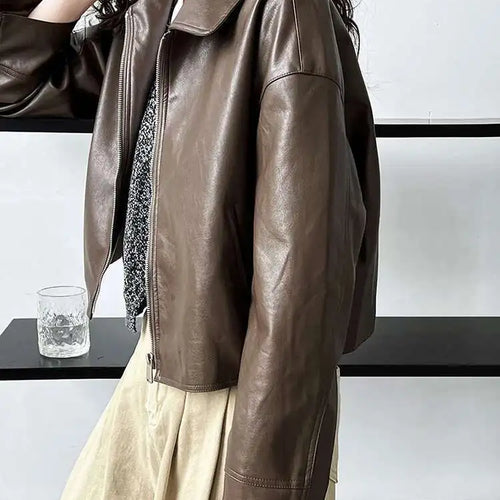 Load image into Gallery viewer, PU Leather Brown Big Size Casual Short Jacket New Lapel Long Sleeve Women Coat Fashion Tide Spring Autumn 2025 1DH6650
