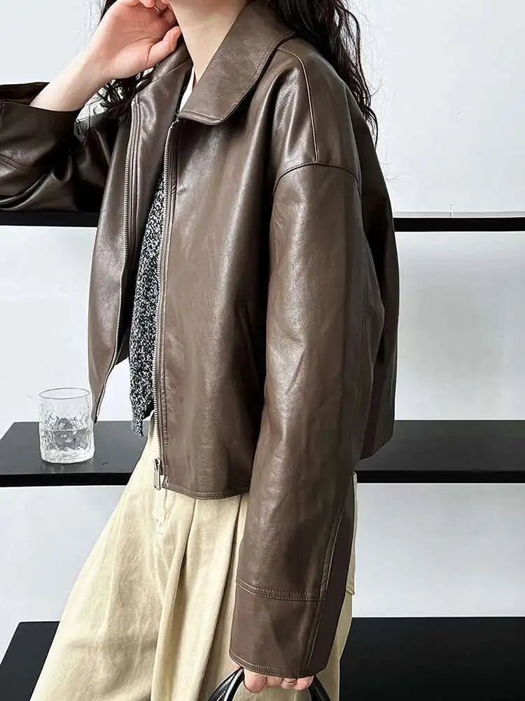 PU Leather Brown Big Size Casual Short Jacket New Lapel Long Sleeve Women Coat Fashion Tide Spring Autumn 2025 1DH6650