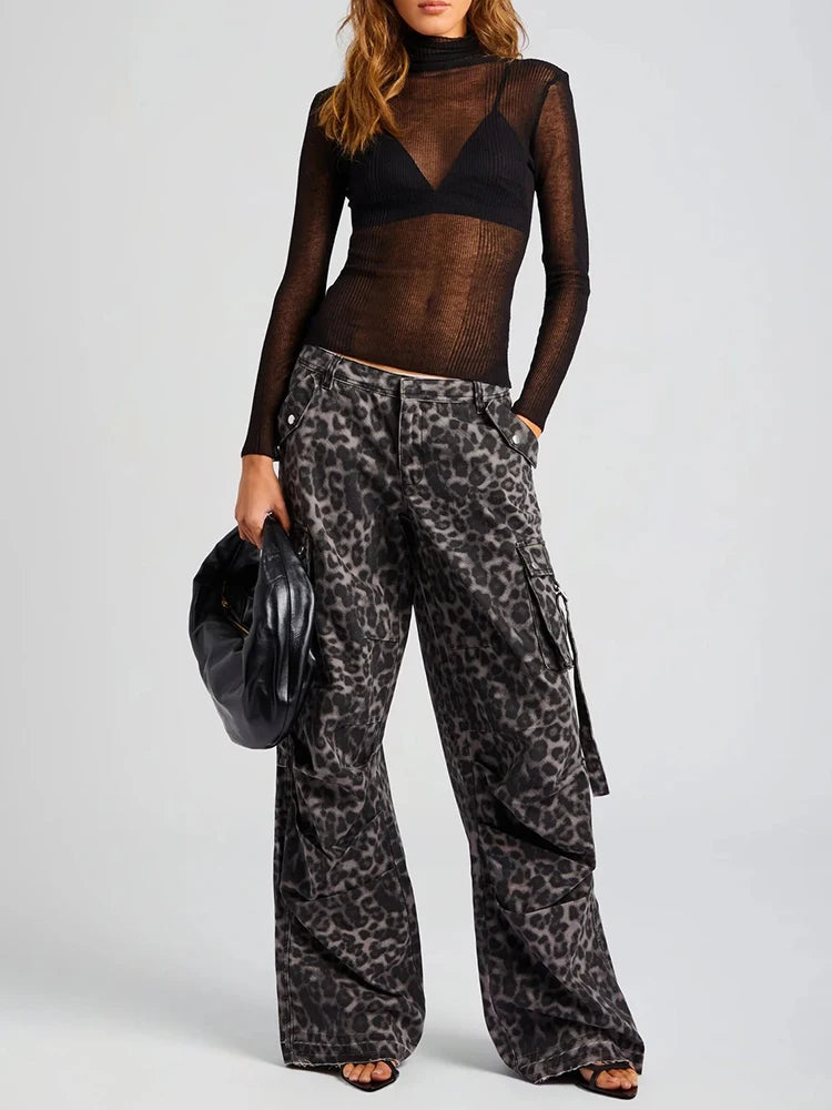 Leopard Spliced Pockets Casual Floor Length Trousers For Women High Waist Streetwear Loose Wide Leg Pants Female Fashion