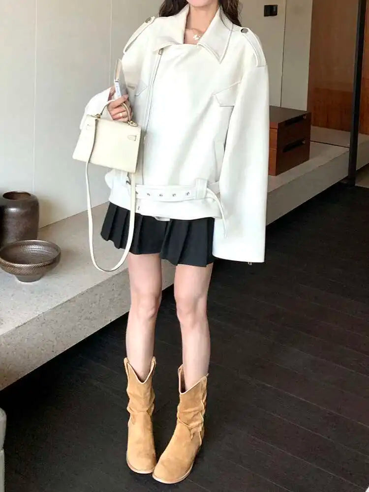 Beige Suede Belted Big Size Casual Jacket New Lapel Long Sleeve Women Coat Fashion Tide Spring Autumn 2025 1DH9701