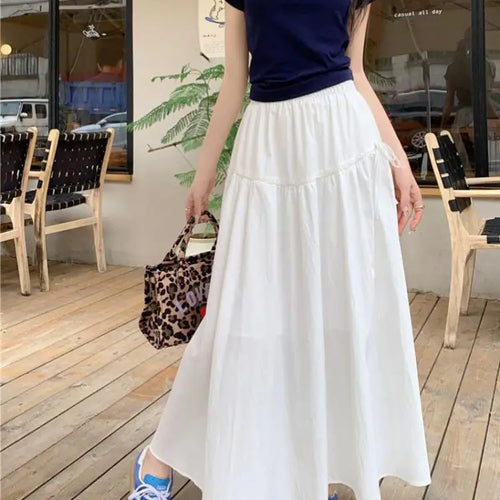 Load image into Gallery viewer, Vintage White Elastic High Waist A-line Skirt For Women Blue Elegant Lace-up Pleated Long Skirt 2024 Summer Ladies Versatile New
