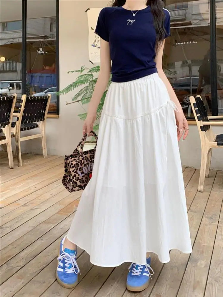 Vintage White Elastic High Waist A-line Skirt For Women Blue Elegant Lace-up Pleated Long Skirt 2024 Summer Ladies Versatile New