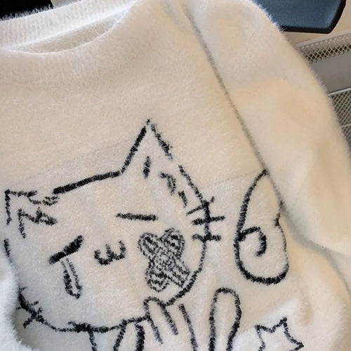 Load image into Gallery viewer, Vintage Preppy Kawaii Cartoon Jacquard Pullovers Sweet Harajuku Loose Grunge Jumpers Y2k Aesthetic Women White Knitted Sweaters
