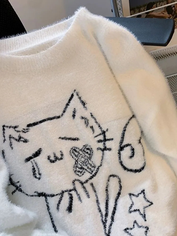 Vintage Preppy Kawaii Cartoon Jacquard Pullovers Sweet Harajuku Loose Grunge Jumpers Y2k Aesthetic Women White Knitted Sweaters