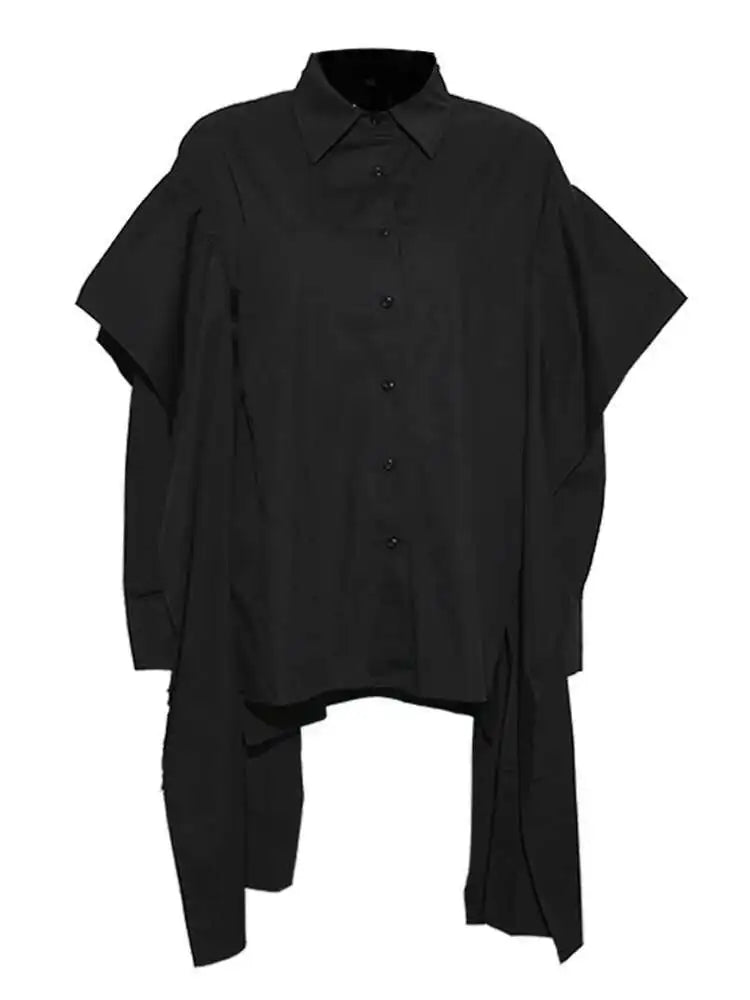 Women Black Irregular Ribbon Ribbon Big Size Blouse New Lapel Long Sleeve Shirt Fashion Tide Spring Autumn 2025 SG359