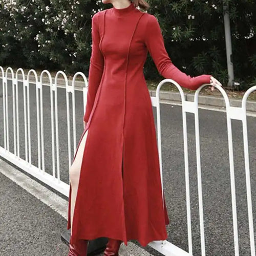 Load image into Gallery viewer, Women Red Hem Slit Long Irregular Dress New Turtleneck Long Sleeve Loose Fit Fashion Tide Spring Autumn 2025 1DF4817

