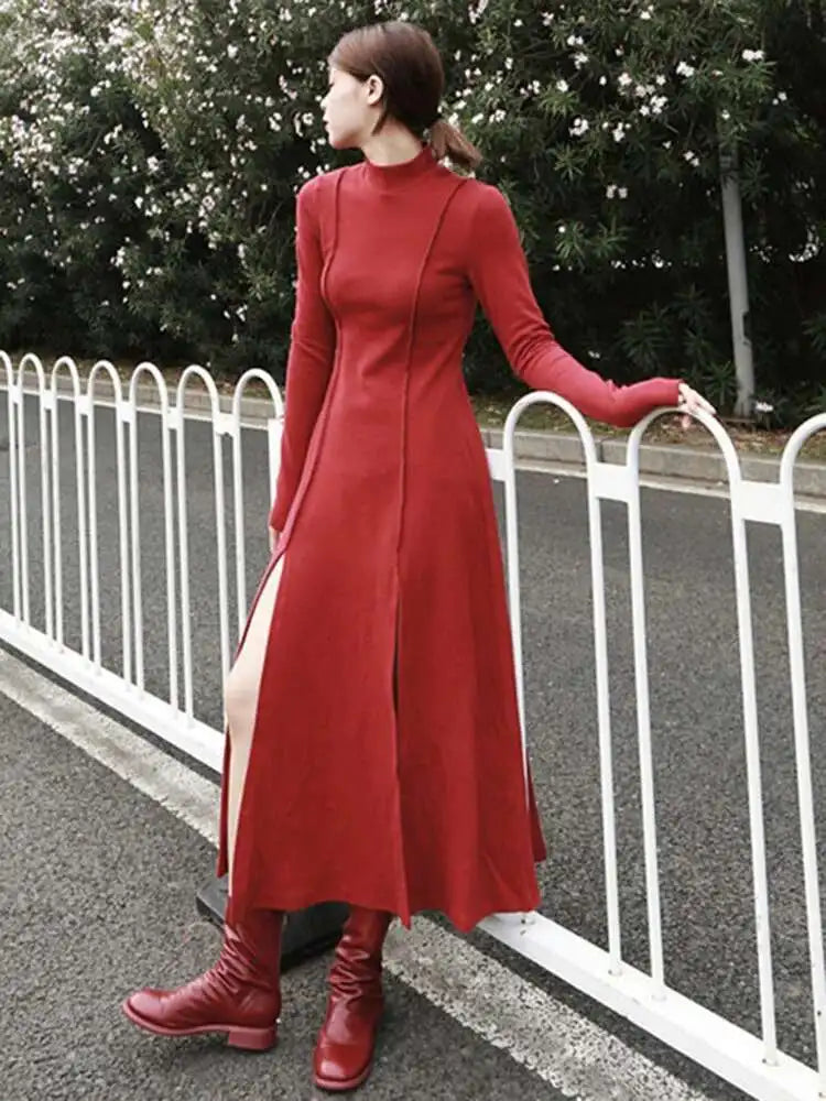 Women Red Hem Slit Long Irregular Dress New Turtleneck Long Sleeve Loose Fit Fashion Tide Spring Autumn 2025 1DF4817