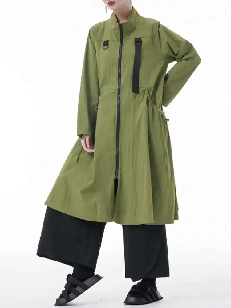 Women Army Green Big Size Long Trench New Stand Collar Long Sleeve Fit Windbreaker Fashion Tide Spring Autumn 2025 1DH3440
