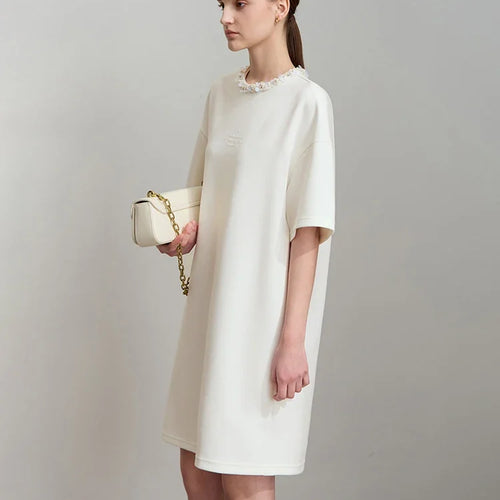 Minimalist T shirt Dress For Women 2025 Autumn New Elegant Fashion O Neck Short Sleeve Mid Length Knitted Dress 12511001