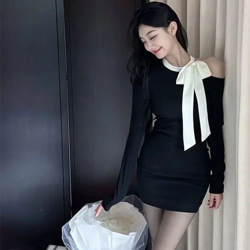 Load image into Gallery viewer, Black Off Shoulder Bodycon Mini Dress Women Sexy Wrap Slim Short Dresses Evening Party Korean Fashion Kpop Bow
