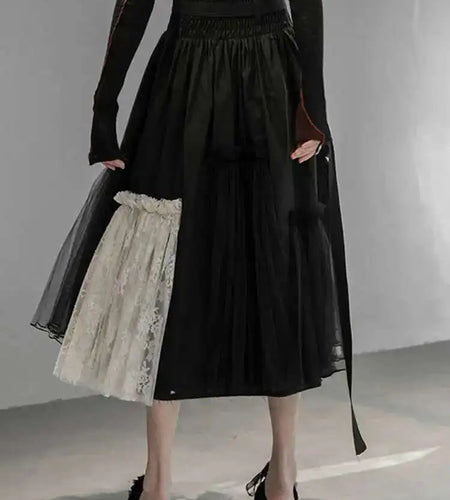 High Elastic Waist Black White Mesh Asymmetrical Half-body Skirt Women Fashion Tide New Spring Autumn 2025 1DD6027
