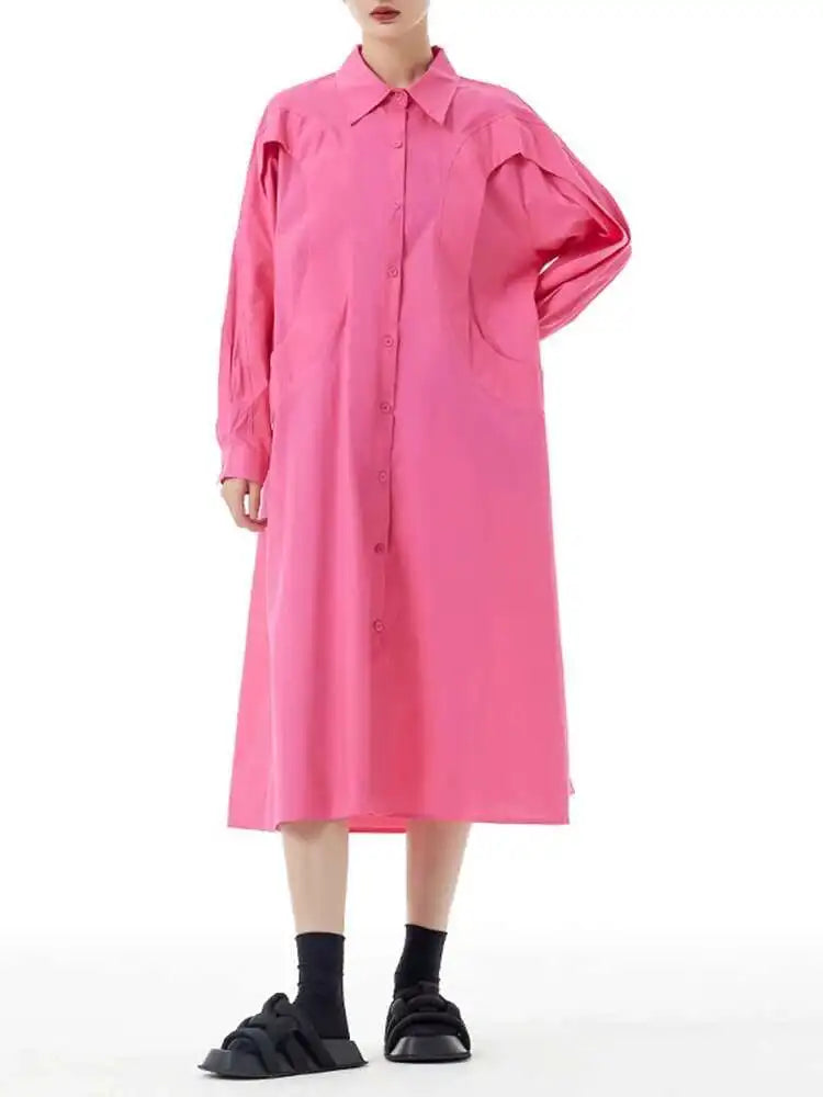 Women Green Rose Red Spliced Big Size Midi Shirt Dress New Lapel Long Sleeve Fashion Tide Spring Autumn 2025 1DH5167