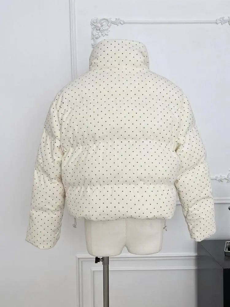 Korean 2024 New Casual Women Beige Dot Cotton Padded Jacket Winter Warm Short Single Breasted Zipper Down Coat Thick Streetwear