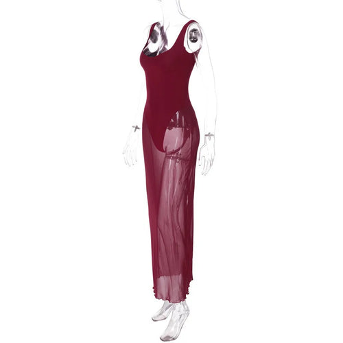 Load image into Gallery viewer, Mesh See Through Sexy Maxi Dress For Women Burgundy Spaghetti Strap Sleeveless Backless Elegant Club Party Long Dress
