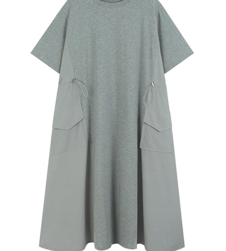 Women Gray Drawstring Pocket Big Size Midi Dress New Round Neck Short Sleeve Fashion Tide Spring Summer 2025 1DJ1193