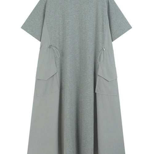 Load image into Gallery viewer, Women Gray Drawstring Pocket Big Size Midi Dress New Round Neck Short Sleeve Fashion Tide Spring Summer 2025 1DJ1193
