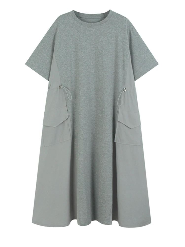 Women Gray Drawstring Pocket Big Size Midi Dress New Round Neck Short Sleeve Fashion Tide Spring Summer 2025 1DJ1193