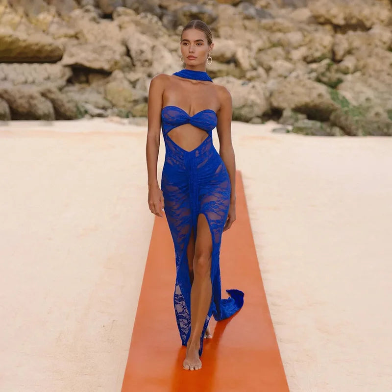 Lace See Through Strapless Sexy Maxi Dress For Women Gown Halter Hollow Out Sleeveless Backless High Split Long Dress