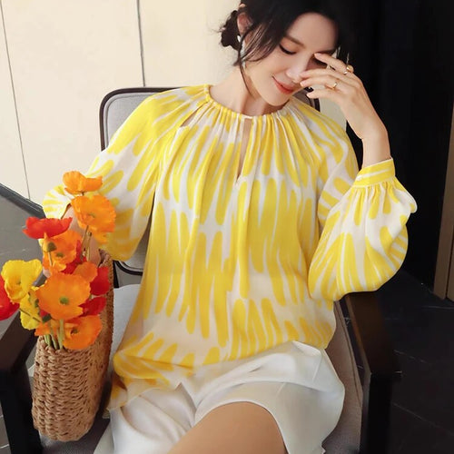 Load image into Gallery viewer, Hit Color Printing Shirt For Women Round Neck Lantern Sleeve Loose Pullover Casual Blouse Female Fashion Clothing
