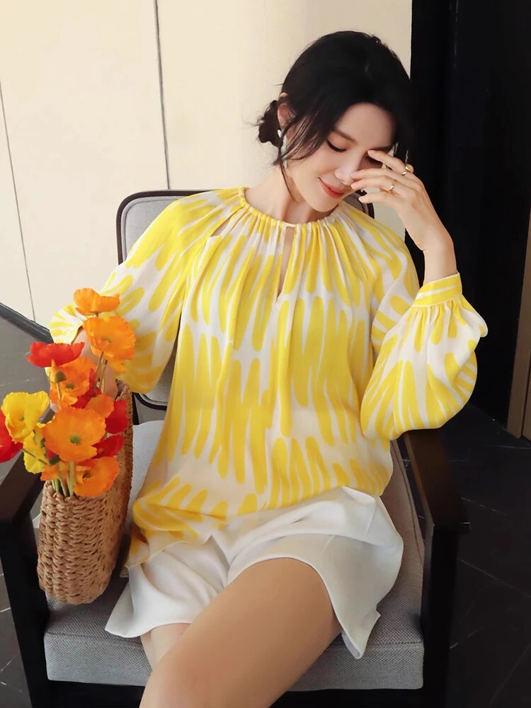 Hit Color Printing Shirt For Women Round Neck Lantern Sleeve Loose Pullover Casual Blouse Female Fashion Clothing