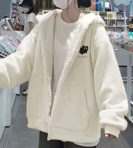 Women's Velvet Thick Hoodie Jackets Winter Clothing Hooded Zip Up Casual Sweatshirts Fashion Korean Hoodies Oversized Y2k Tops