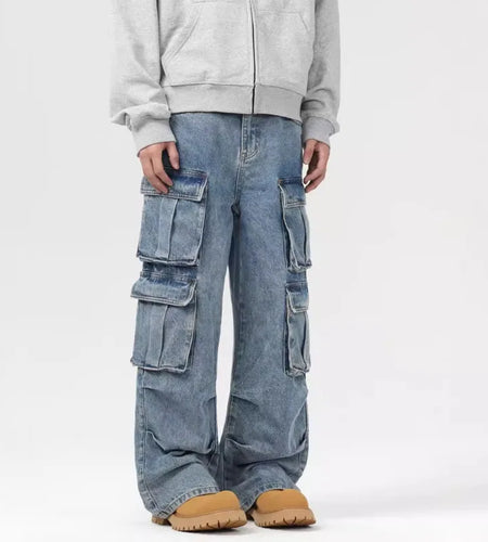 Men's Jeans New American Washed Multi Pockets Denim Pants Hign Street Stylish Casual Straight Leg Design Spring 9W1556