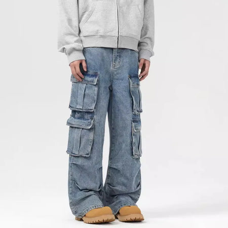 Men's Jeans New American Washed Multi Pockets Denim Pants Hign Street Stylish Casual Straight Leg Design Spring 9W1556