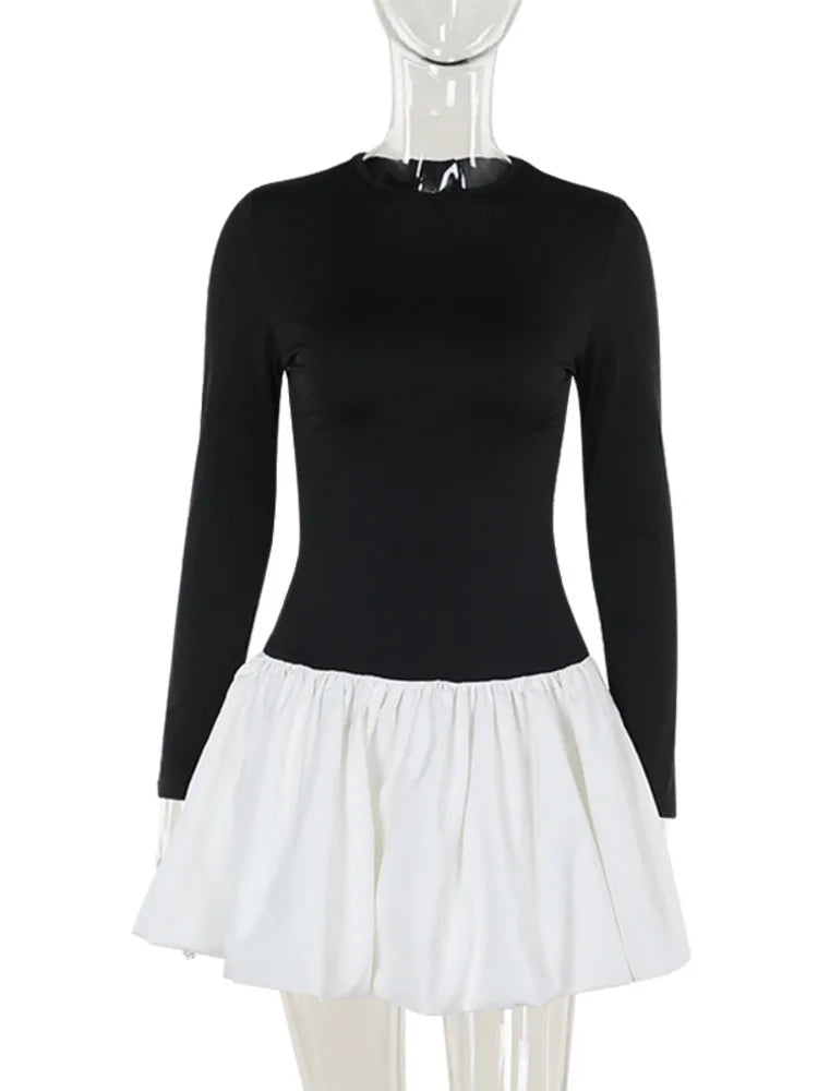 Patchwork Sexy Mini Dress For Women Autumn New Contrasting Color O Neck Long Sleeve High Waist A-line Sexy Dress